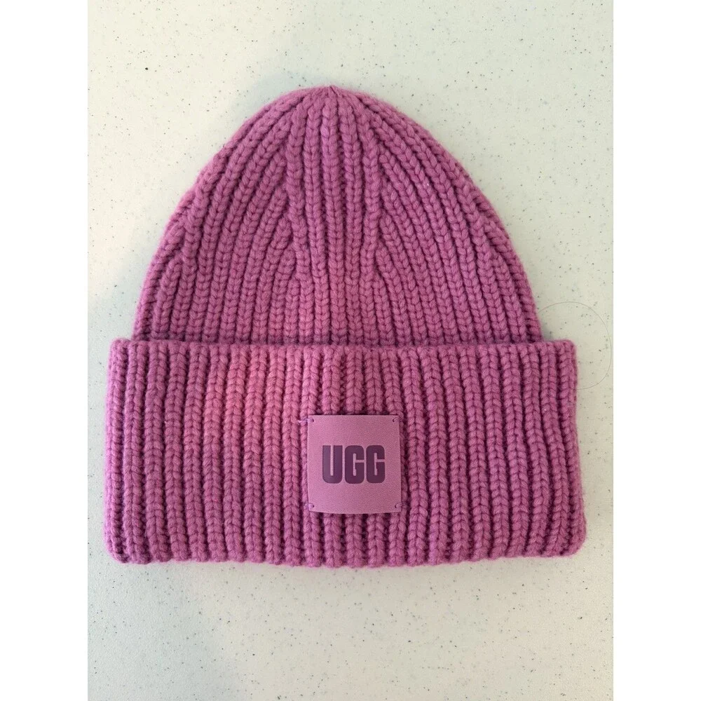 UGG Women's Chunky Rib-Knit Logo Patch Beanie in Purple Mauve, OS